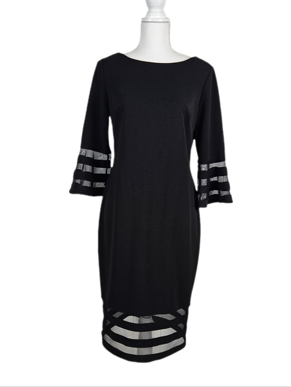 Cavin Klein Black Dress Scuba Sheer Boat Neck Bell Sleeves Womens 10 Knee Length